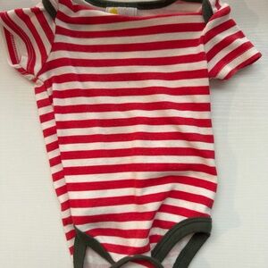 Red & White Striped Baby One-Piece Bodysuit with Olive Trim